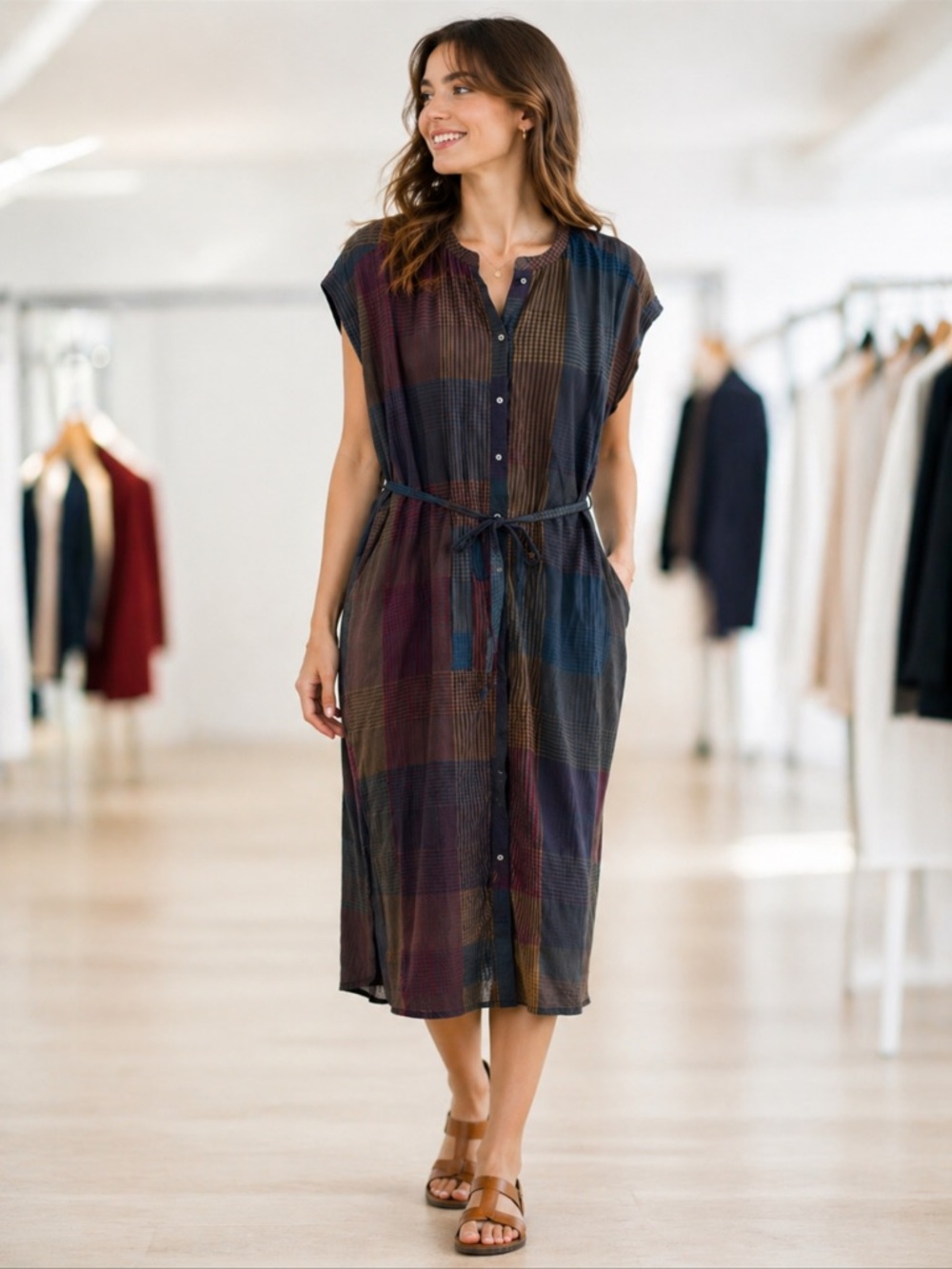Cost Plus World Market Multicolor Checkered Midi Dress One size with pockets